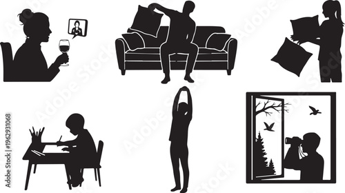 Black silhouette of a person working at a desk with a laptop and a person sitting in a modern chair with a laptop