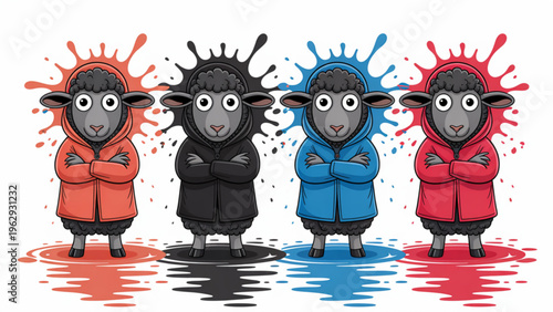 Four stylish sheep wearing coats in different colors standing with arms crossed in bold art style Vector