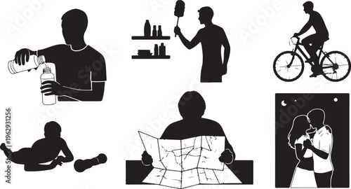 Black silhouette of people using modern devices and tools in various activities black silhouettes laptop