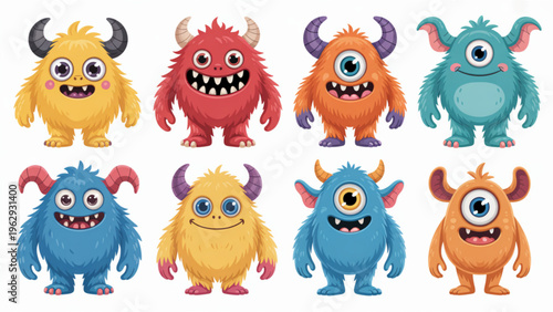 Colorful cartoon monsters with expressive faces and playful designs in cheerful arrangement Vector