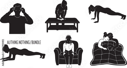 Black silhouette of various carrying and lifting techniques with a person and luggage carrying techniques