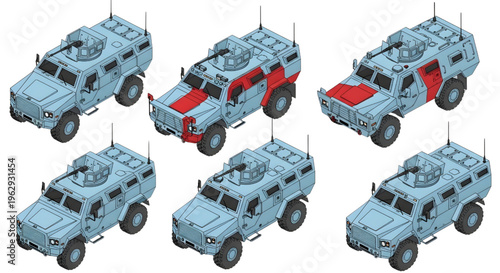 Armored Military Vehicle Isometric Icon Set – Tactical Transport Multiview AutoCAD Blueprint Outline