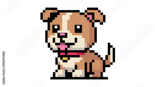Adorable pixelated dog with tongue out and collar wearing a happy expression on its face in a cute pose Vector