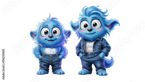 Two adorable animated characters with vibrant blue fur standing side by side in casual outfits and playful poses Vector