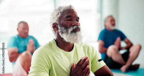 Obraz na plátně Prayer hands, meditation and senior man in studio with breathing exercise for wellness, calm or zen