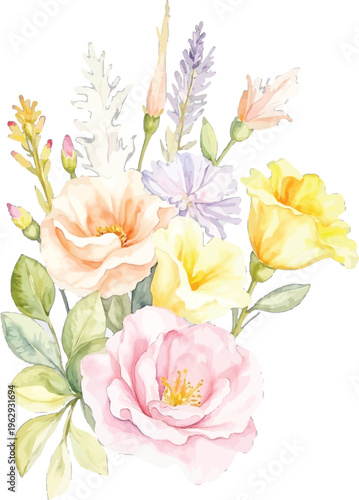 A delicate watercolor arrangement featuring soft pink roses and vibrant yellow eustoma blooms surrounded by fresh green leafy foliage stems