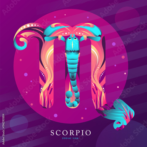 Modern magic witchcraft card with astrology Scorpio zodiac sign on fluorescent background. Flat design. vector illustration