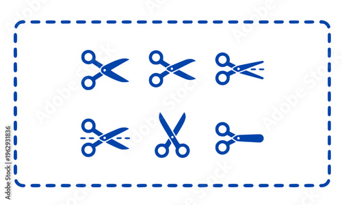 Set of six blue scissors icons in various open and closed positions inside a dashed border frame, perfect for coupon, crafting, sewing, tailoring, and cutting design elements