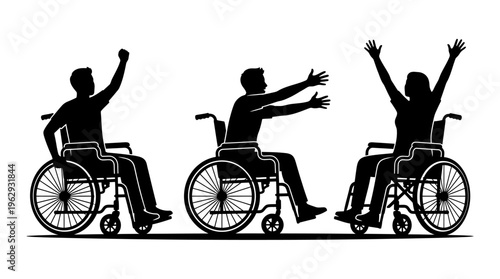 Wheelchair Empowerment & Inclusion Silhouette Vector Icon Set – Uplifting Vectors Featuring Disability Pride, Community Connection, Mobility Support, and Celebratory Gestures in Bold Black Profiles