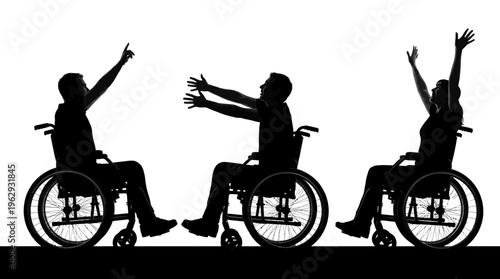 Wheelchair Empowerment & Inclusion Silhouette Vector Icon Set – Uplifting Vectors Featuring Disability Pride, Community Connection, Mobility Support, and Celebratory Gestures in Bold Black Profiles