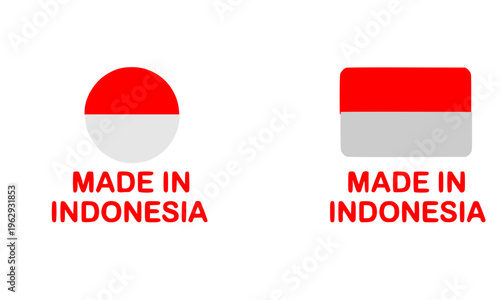 Two "Made in Indonesia" product origin labels featuring the Indonesian national flag in circular and rectangular styles, ideal for branding, certification, packaging, and export design