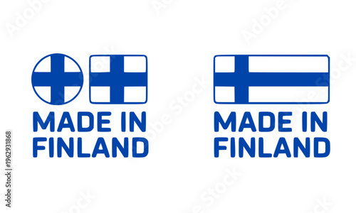 Two "Made in Finland" product origin labels with Finnish flag in circle and rectangle styles, ideal for branding, certification, packaging, and export design