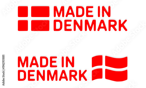  Two red and white "Made in Denmark" product origin labels featuring the Danish national flag in flat and waving styles, ideal for branding, certification, packaging, and export design
