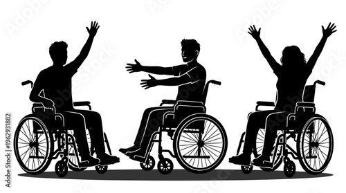 Wheelchair Empowerment & Inclusion Silhouette Vector Icon Set – Uplifting Vectors Featuring Disability Pride, Community Connection, Mobility Support, and Celebratory Gestures in Bold Black Profiles