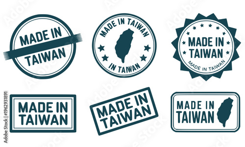 Collection of six vintage teal "Made in Taiwan" rubber stamps and labels in grunge and retro style, ideal for product branding, origin certification, and manufacturing design assets