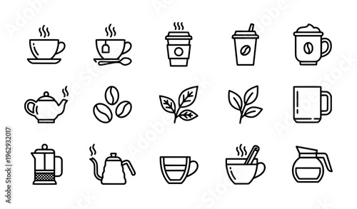 Coffee and tea line icons set editable stroke pixel perfect minimal black and white vector illustration