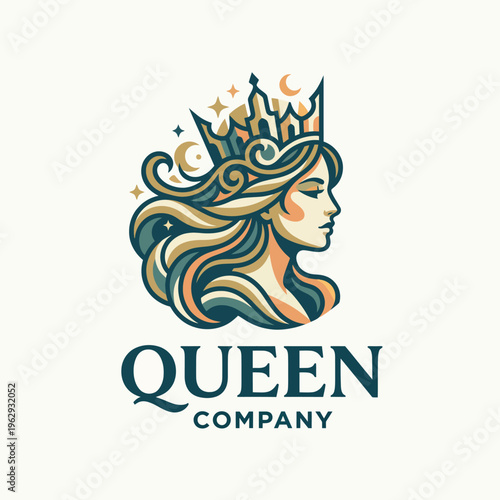 An elegant graphic design featuring a graceful woman with a crown, perfect for a company that embodies royalty, sophistication, empowerment, and femininity.