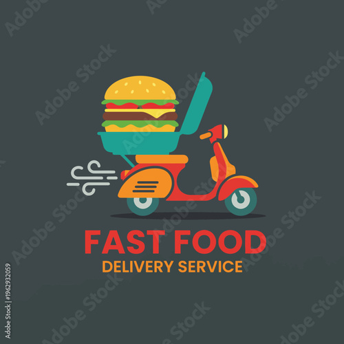 A colorful depiction of a scooter with an oversized burger, emphasizing the theme of quick food service, vibrant colors, and the fast-paced world of food delivery.