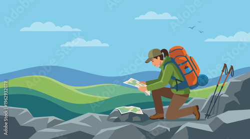 The image captures a hiker pausing with a map, embodying the spirit of exploration and adventure within stunning mountainous landscapes, merging outdoor activity and nature’s beauty.