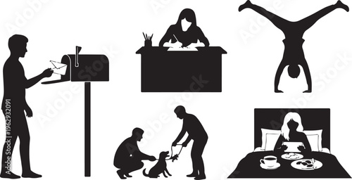 Silhouettes of diverse daily activities and professions against a white background black woman