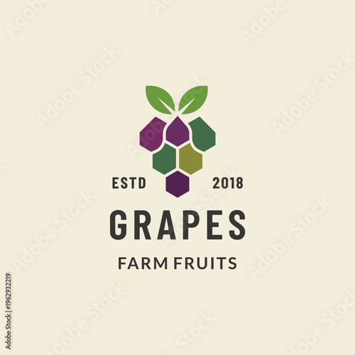 This logo depicts a modern grapes design showcasing vibrant colors and hexagonal shapes, effectively symbolizing fresh farm fruits ideal for marketing and branding efforts.