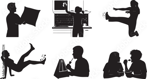 Silhouettes of diverse daily activities and technology interactions in black and white person laptop