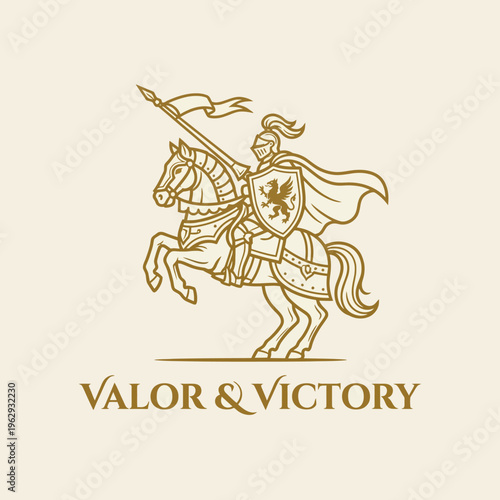 This striking logo features a knight in armor on horseback, symbolizing valor and victory, embodying strength, courage, and noble ideals for brands focused on empowering themes.
