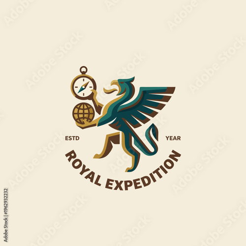 This logo captures a majestic griffin holding a compass, representing exploration and adventure, ideal for travel brands seeking to inspire wanderlust and journey exploration.