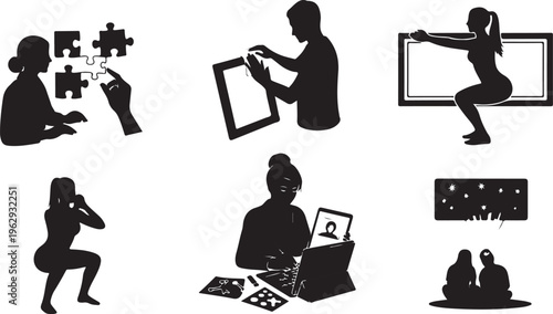 Silhouettes of diverse daily activities and technology use in monochrome people smartphone