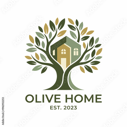 An elegant logo featuring a house nestled within an olive tree, representing growth, stability, and home comfort, ideal for a real estate or home improvement brand.