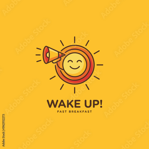 A bright and cheerful logo urging you to 'Wake Up!' featuring a sun and a megaphone, making it perfect for a vibrant breakfast brand promoting morning energy.