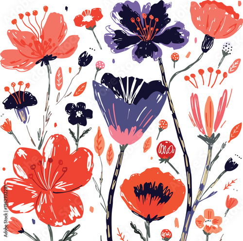 A collection of vibrant red and deep purple stylized flowers with delicate stems and leaves scattered across the canvas