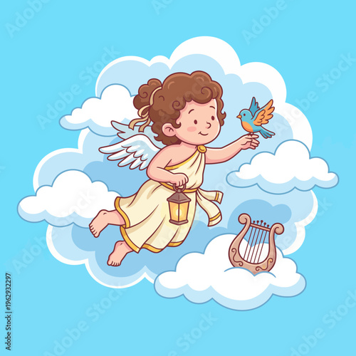 This whimsical illustration of a cherubic angel surrounded by fluffy clouds and a bird captures innocence and purity, evoking feelings of joy, hope, and a sense of wonder.