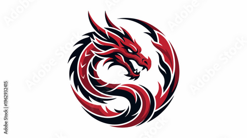 An intense and fierce illustration of a red dragon encircled by a spiraling design, embodying strength, power, and a mythical aura perfect for dynamic artistic projects.
