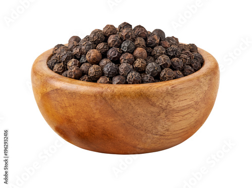 Whole Black Peppercorns in Rustic Wooden Bowl Isolated on Transparent Background