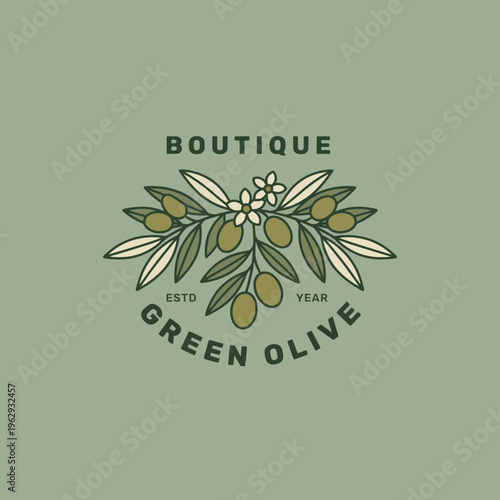 This boutique logo design features olive branches and leaves conveying elegance and sophistication, perfect for a brand focused on organic or gourmet products.