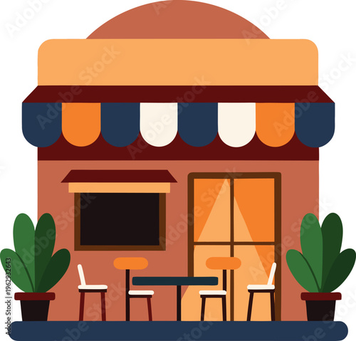 Welcoming cafe facade with outdoor seating and plants