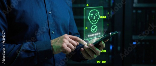 Mobile device verification process data center digital interaction server environment close-up view biometric technology applications for enhanced security
