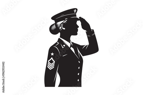 Black silhouette of a female soldier saluting isolated on white background