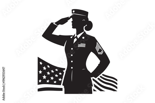Black silhouette of a female soldier saluting isolated on white background