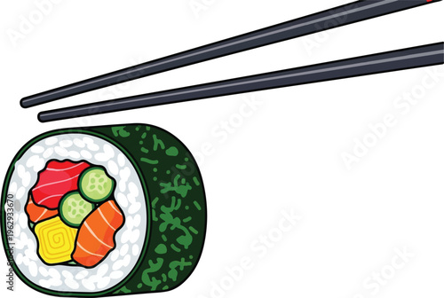 Sushi Maki Roll with Chopsticks Vector Illustration of Japanese Cuisine