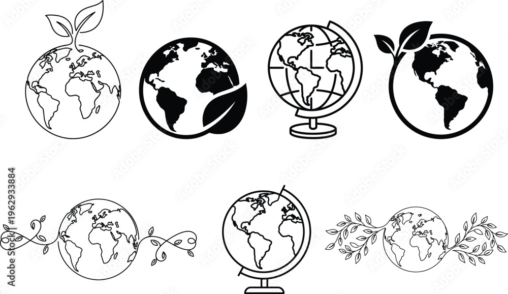 Obraz premium Earth Day Line Art Icons Set - April 22 Globe and Leaf Vector Illustrations
