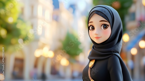 Young Muslim woman wearing black hijab and dress standing in a city street