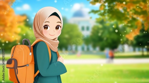 Muslim student girl wearing hijab going to university campus