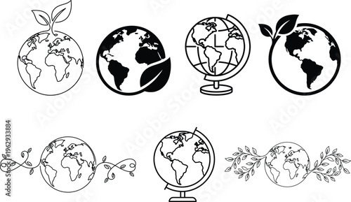Earth Day Line Art Icons Set - April 22 Globe and Leaf Vector Illustrations