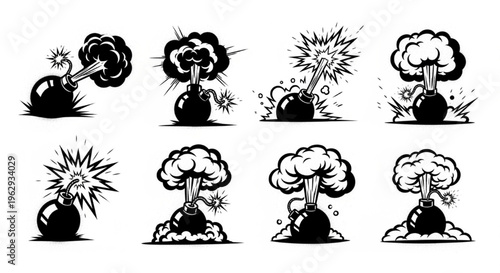 Urban Graffiti Bomb and Explosion Icons Vector Illustration Sheet in Black Ink Grunge Punk Street Art Style