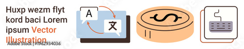 Language services, currency exchange, e-commerce, globalization, digital communication, finance. Icons of translation, currency and keyboard. Language services and currency exchange concept