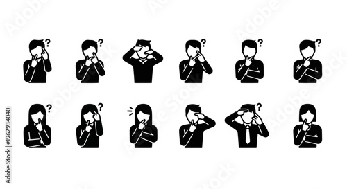 A set of confused people icons in black and white, depicting various expressions of puzzlement and uncertainty
