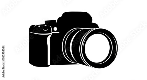 A black and white illustration of a digital camera