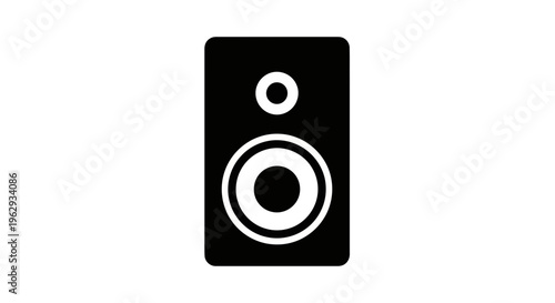 A black and white icon of a speaker on a plain